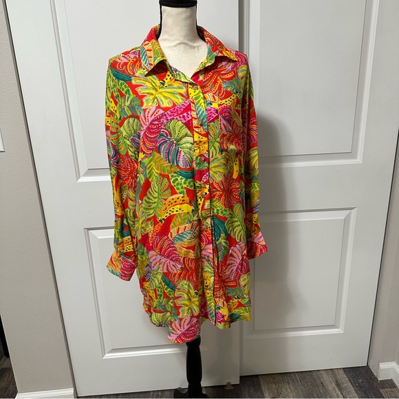 Vici Coveted Button Down Shirt Dress colorful tropical Hawaiian summer cover-up - Picture 4 of 12